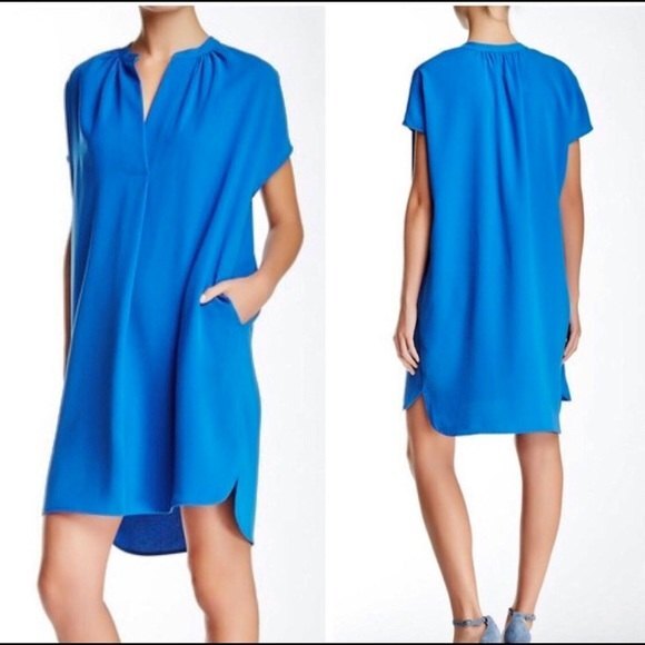 Vince popover shift dress tunic split V-neck pockets mini blue XS - Picture 1 of 5